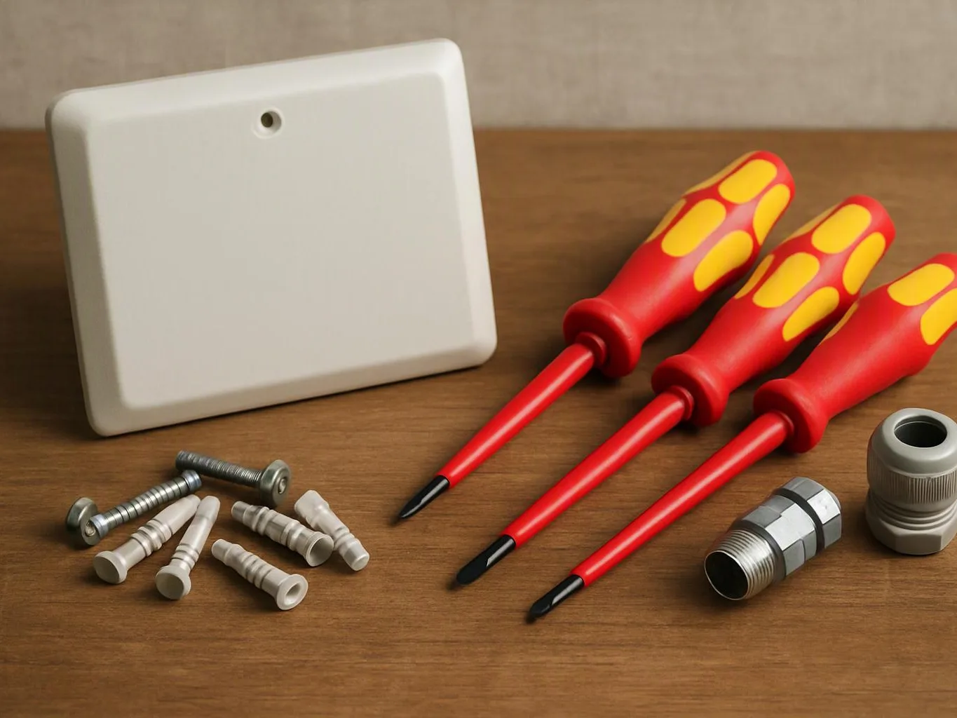White plastic plate, three red screwdrivers, screws, anchors, and metal fittings arranged on a wooden surface
