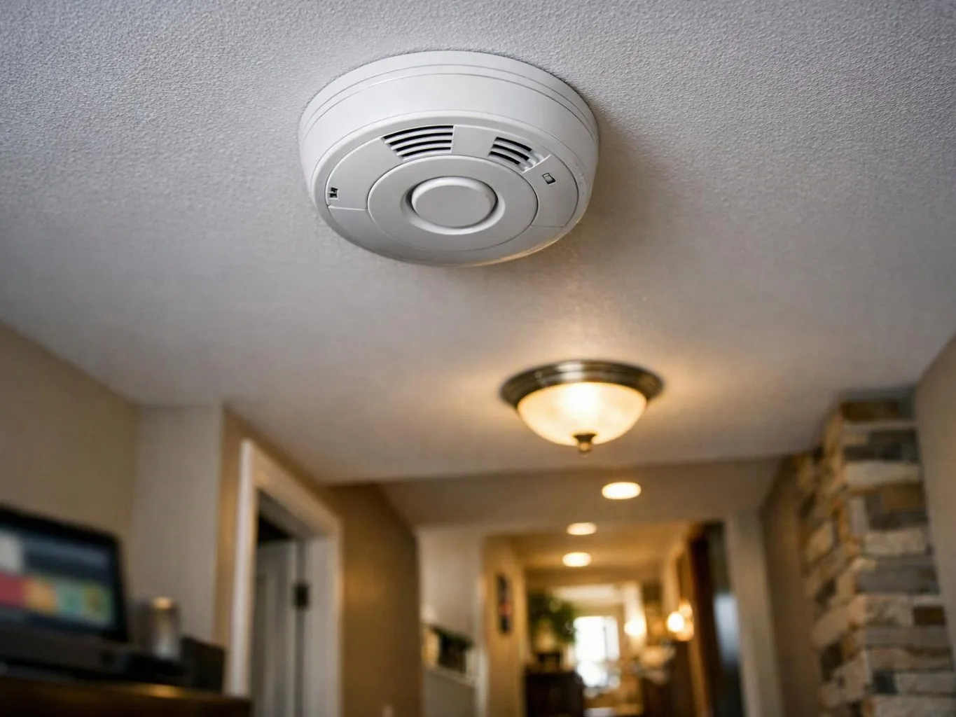 A white smoke detector hangs on the ceiling above a softly lit hallway inside a home
