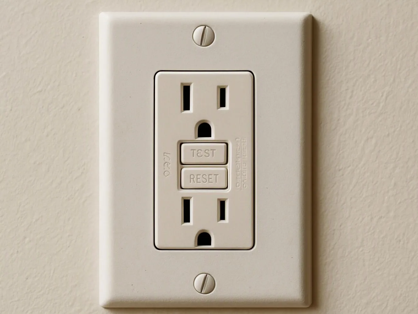 A white wall outlet with TEST and RESET buttons sits on a beige painted wall