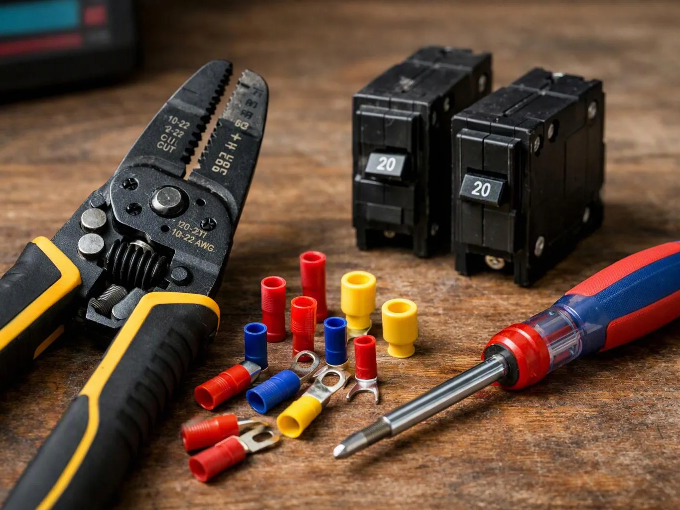 Wire stripper, circuit breakers, terminals, and a screwdriver lie on a wooden workbench