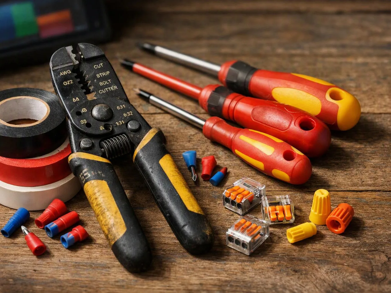 Wire strippers, screwdrivers, tape, connectors, and wire nuts lie spread on a wooden workbench