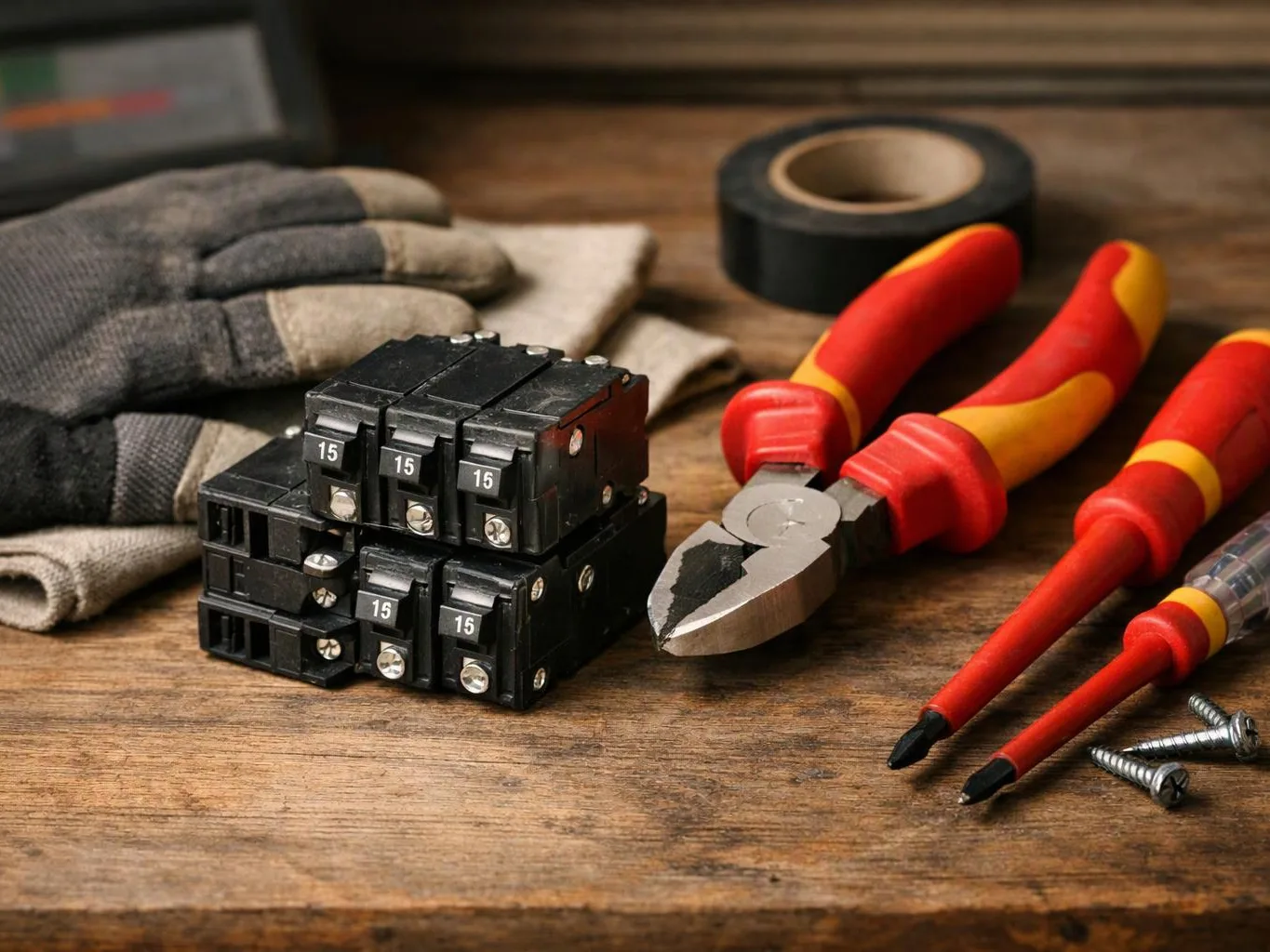 A wooden workbench holds circuit breakers, pliers, screwdrivers, screws, gloves, and black tape
