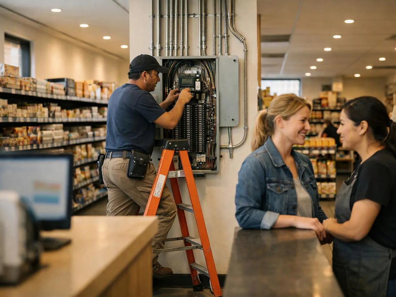 A worker fixes an open electrical panel on a ladder while two women talk at a store counter