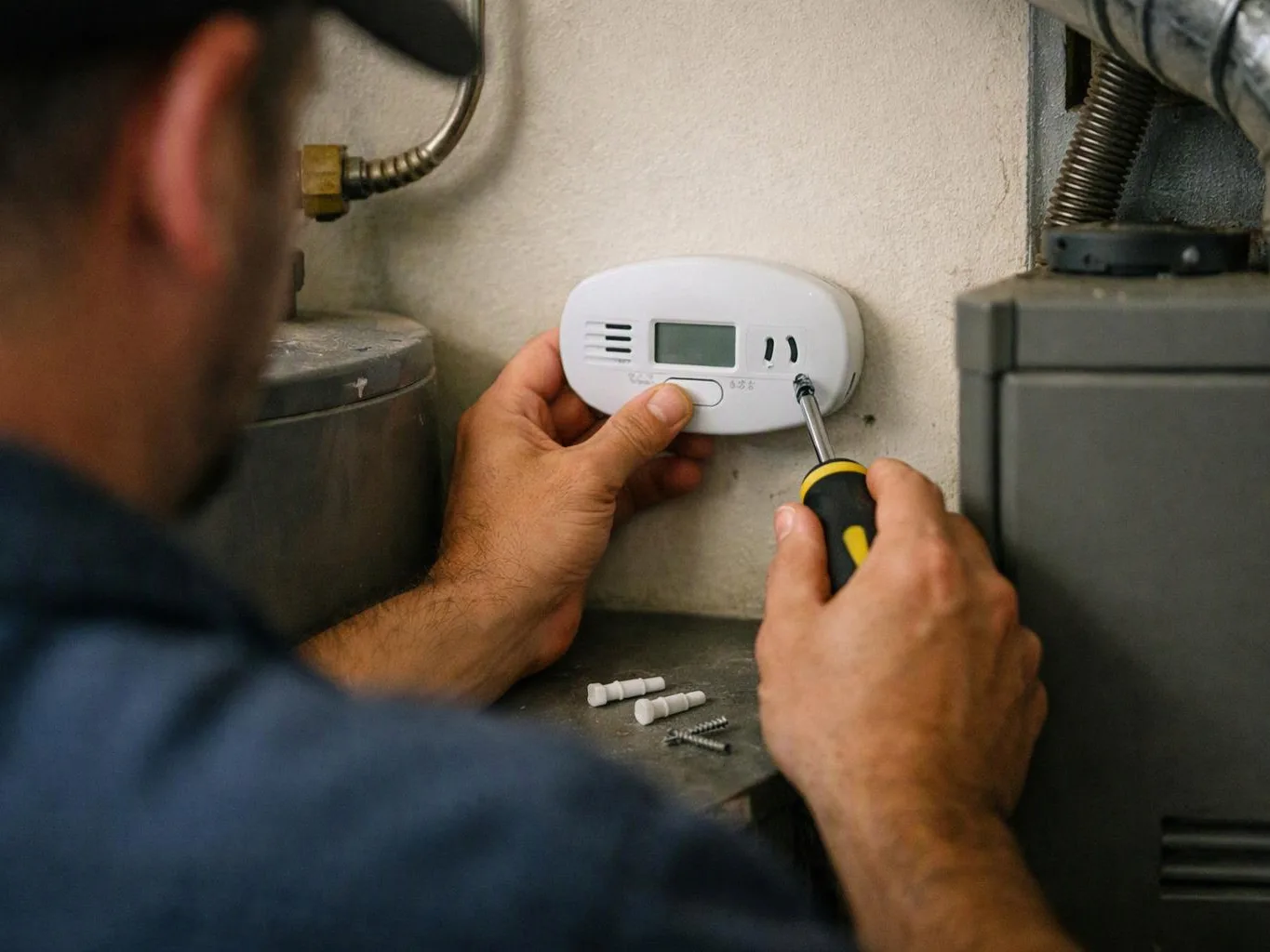A worker installs a small white wall device with a screwdriver beside pipes and a metal appliance
