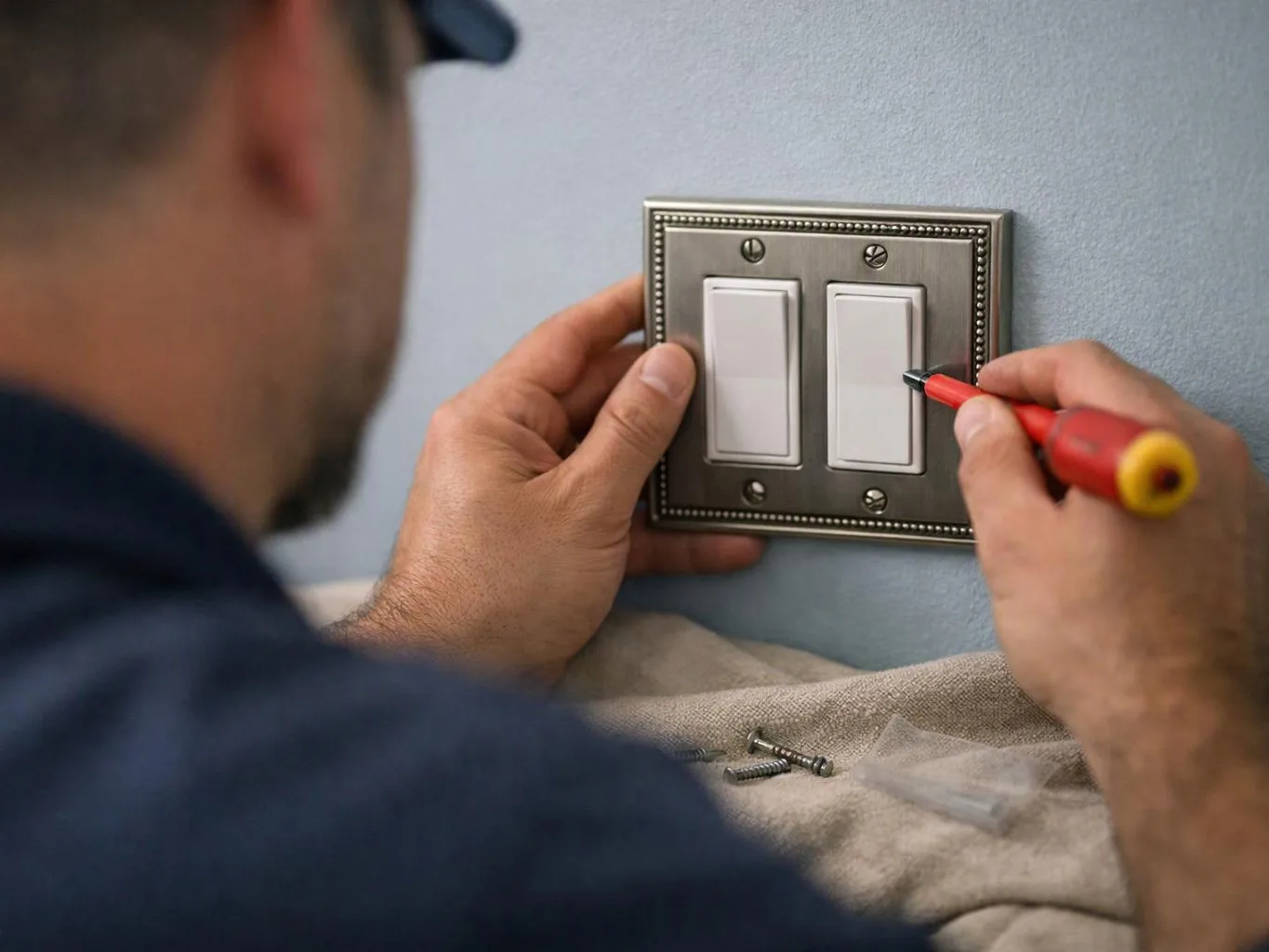 A worker installs a two-switch wall plate, holding it in place with a screwdriver in a blue room