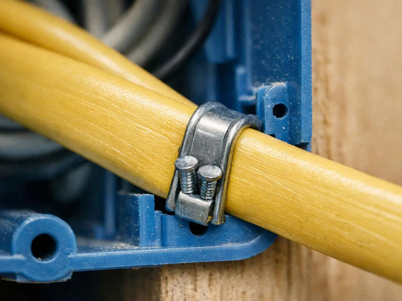 A yellow cable is clamped to a blue plastic box mounted on wood by a metal strap with two screws